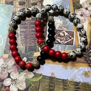 Stylish Dalmatian Jasper and Red Beaded Bracelet Set